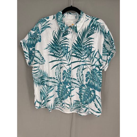 CC California Top Womens Large Green Floral Linen Button Short Sleeve Boho Beach - Picture 1 of 7